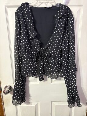 American Eagle Outfitters Black Polka Dot Tie-Front Ruffle Blouse